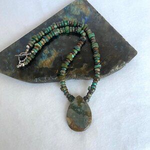 Sterling Silver 925 Rainforest Jasper Rhyolite Beaded Pendant Necklace 16"